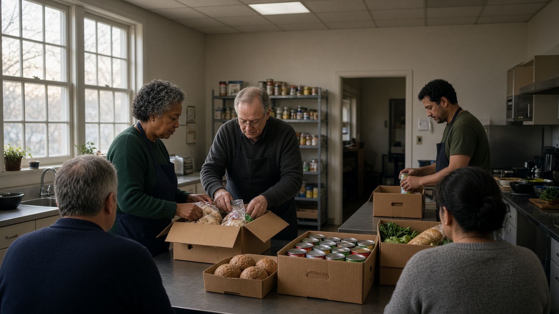 Volunteers packing grocery boxes in a community kitchen